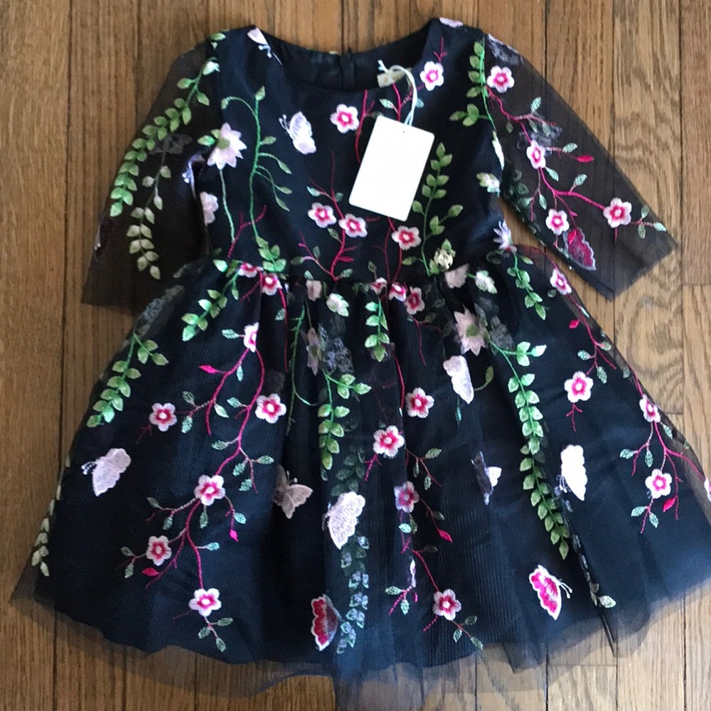 DAVID CHARLES BLACK FLORAL EMBROIDERED TULLE DRESS